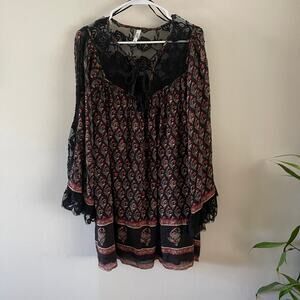 Free People Nomad Child Peasant Dress Womens Medium Black Lace Fairy Goth